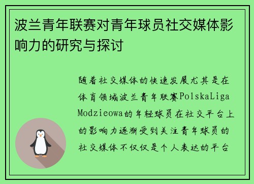 波兰青年联赛对青年球员社交媒体影响力的研究与探讨