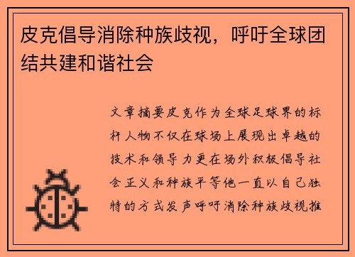 皮克倡导消除种族歧视，呼吁全球团结共建和谐社会